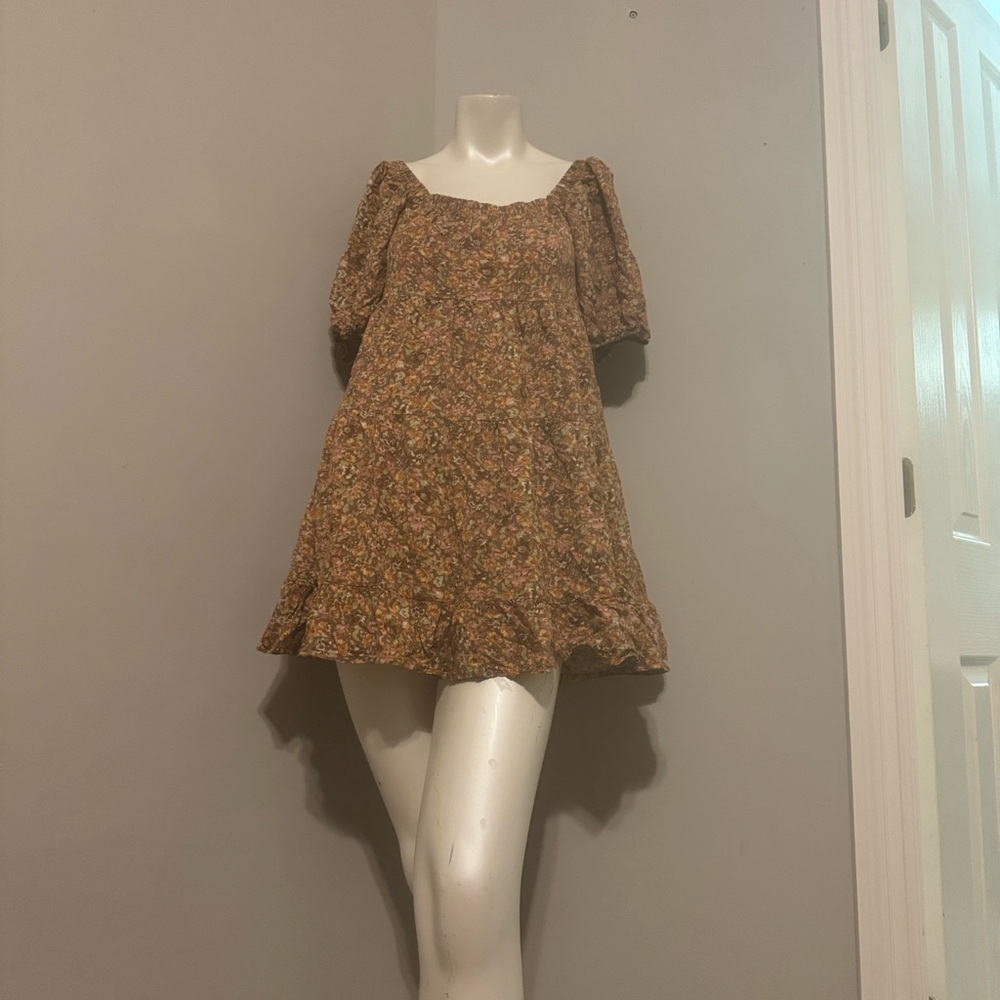 Wild Fable Brown Floral Short Puff Sleeve Boho Hippie Babydoll Dress. Small - Picture 13 of 15